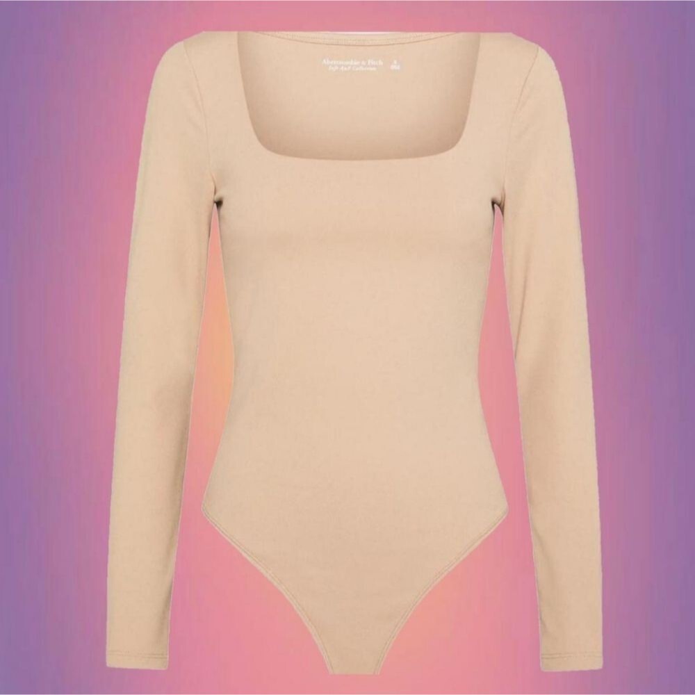 Abercrombie & Fitch Soft Matte Seamless Long-Sleeve Squareneck Bodysuit Tan S